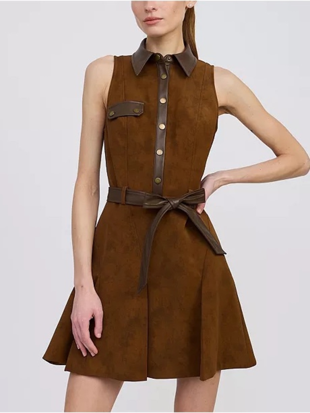 En Saison Brown Sleeveless Suede Fit-and-Flare Dress with Leather Trim